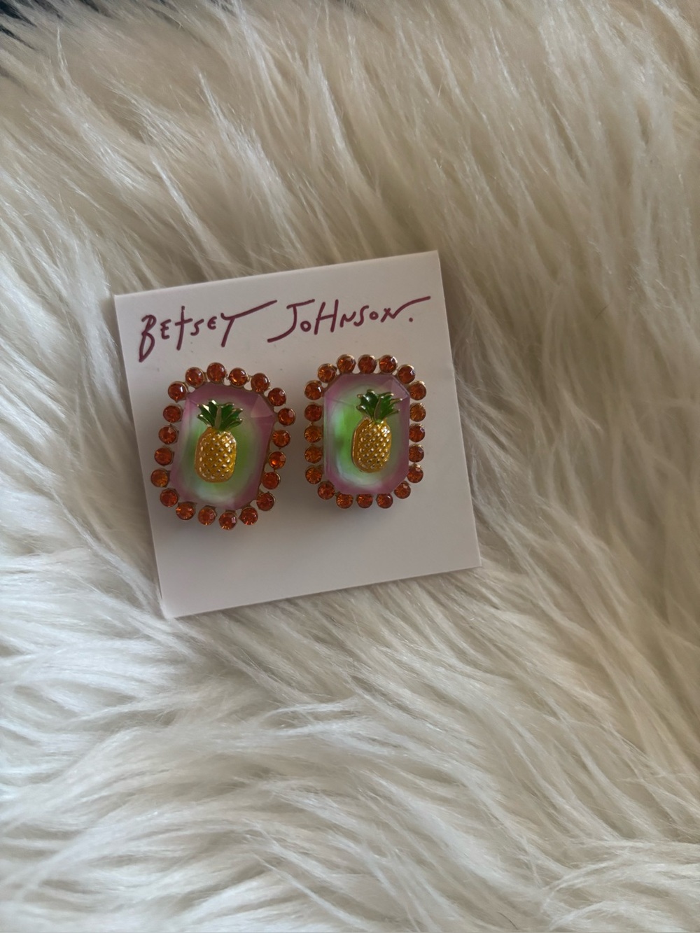 Betsey Johnson Pineapple Stud Earrings in Pink, Green & Gold